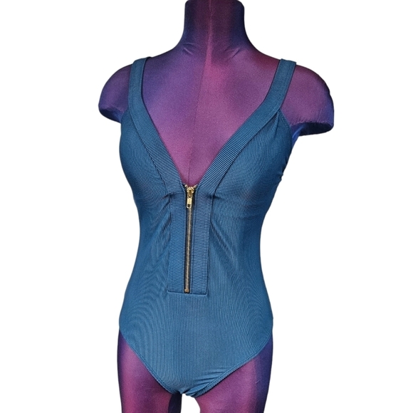 Kona Sol Dark Teal Ribbed Front Zipper One Piece Swimsuit Size Small Women's - Picture 10 of 10